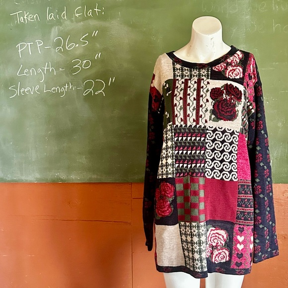 Vintage Patchwork Knit Sweater with Floral Patterns - Picture 2 of 10